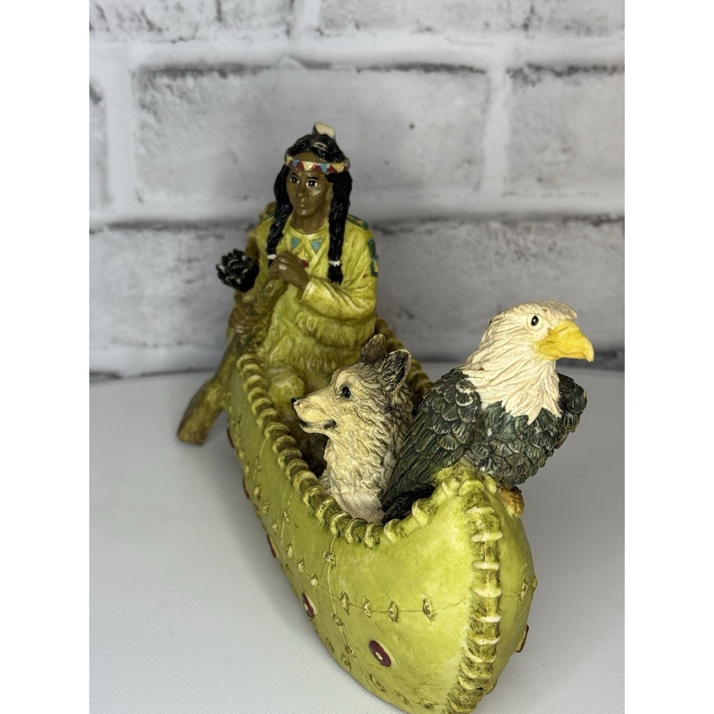 Native American Indian In Canoe Wolf And Bald Eagle Resin Sculpture Young's - Picture 3 of 7